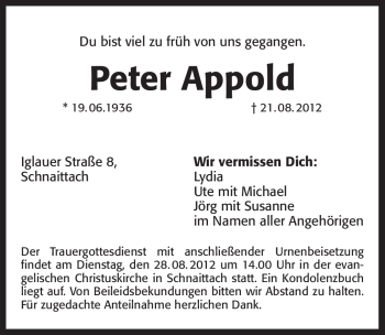 Traueranzeige von Peter Appold von Pegnitz-Zeitung